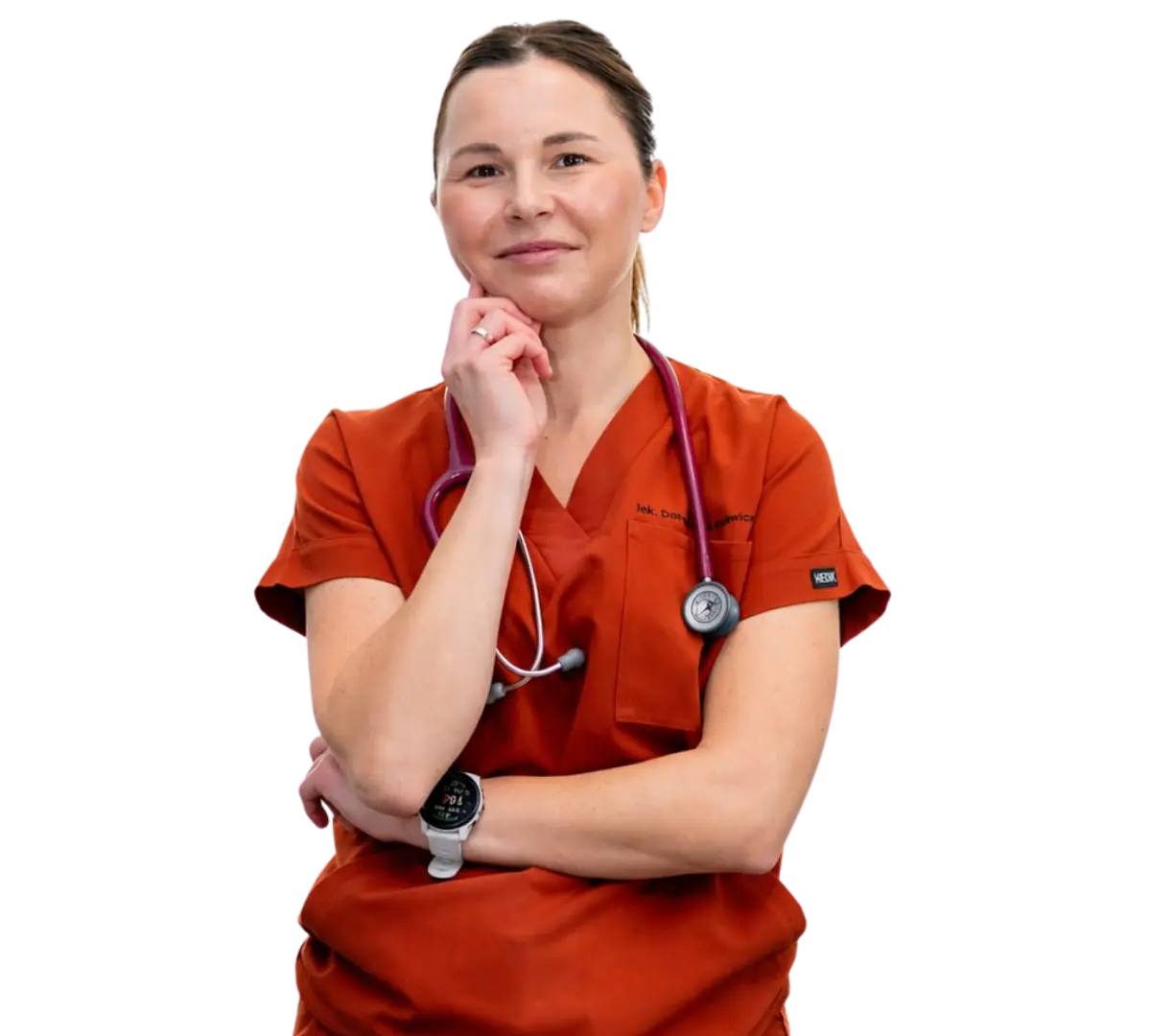 ekarka w czerwonym uniformie ze stetoskopem, oferująca usługi pediatryczne i estetyczne w Mieszkowicach.